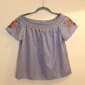 Blue & White Embroidered Off the Shoulder Top